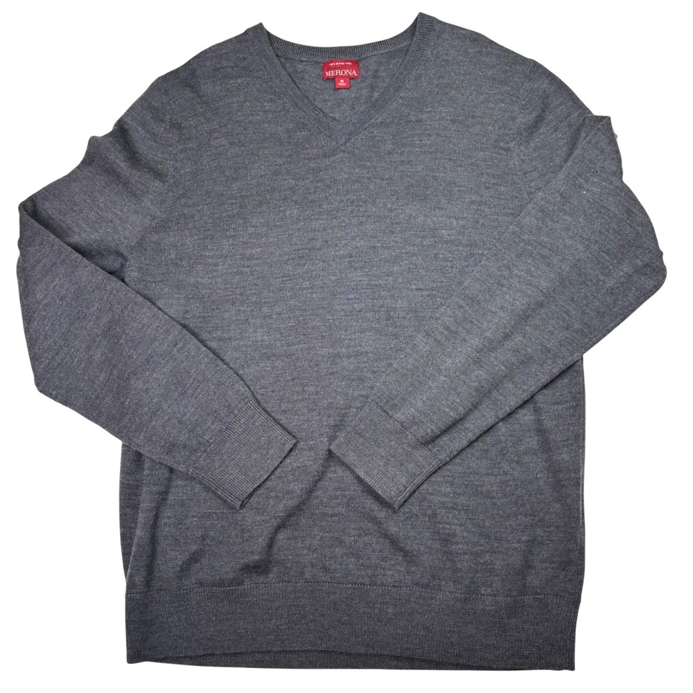 Vintage Merona Mens V Neck Sweater Medium Gray 100% Merino Wool Classic Preppy - Picture 2 of 7